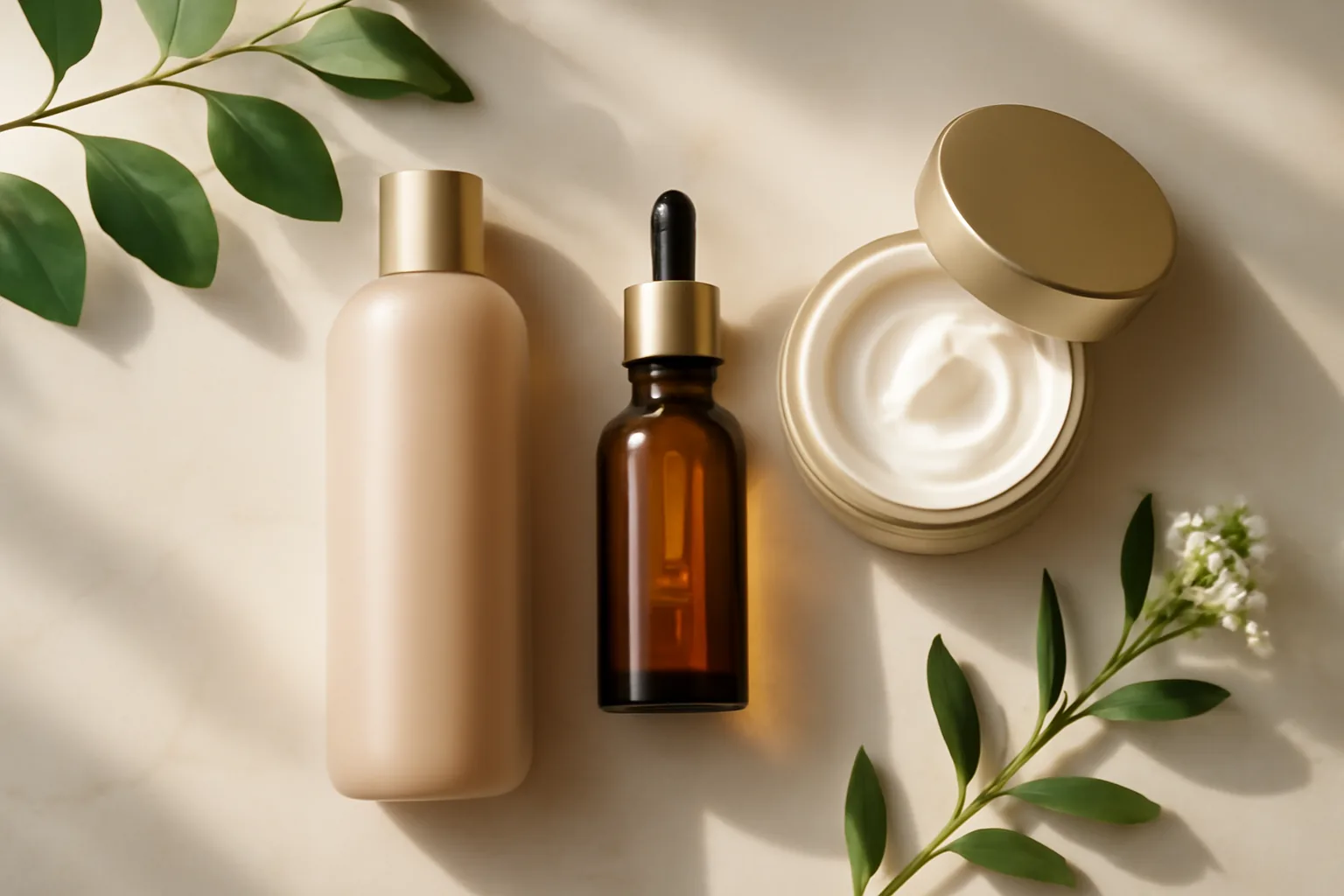 Premium hair care flat lay with shampoo, hair