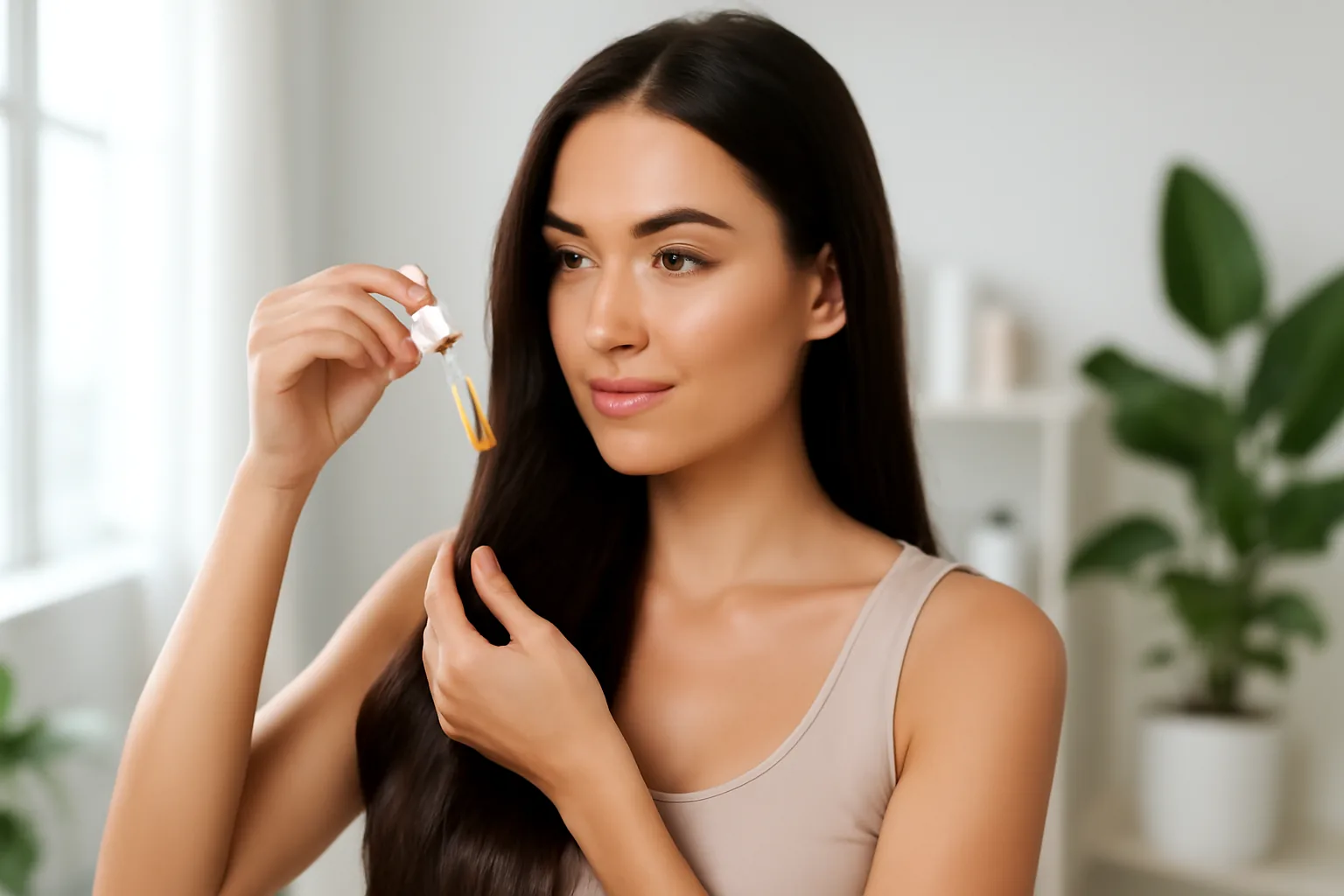 Woman with healthy shiny hair applying serum in